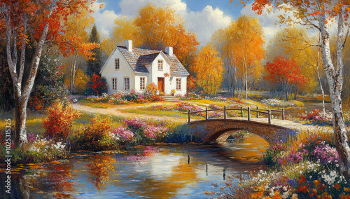 Oil painting on canvas summer landscape with wooden old house near river, beautiful flowers and trees.
