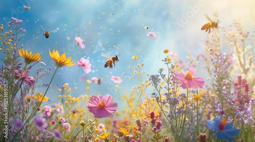 High-resolution image of a vibrant spring meadow, bees in flight,