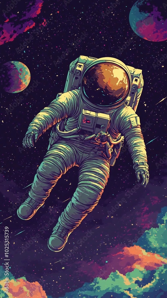 A 2D pixel art illustration of an astronaut drifting in space with retro gaming aesthetic, beautifully pixelated with vibrant colors, detailed and charming background A 2D pixel art illustration of an astronaut drifting in space with retro gaming aesthetic, beautifully pixelated with vibrant colors, detailed and charming background