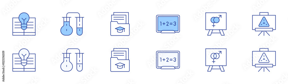 Education icon set in two styles, Duotone and Thin Line style. Editable stroke. blackboard, knowledge, chemical, sex education, folder, presentation Education icon set in two styles, Duotone and Thin Line style. Editable stroke. blackboard, knowledge, chemical, sex education, folder, presentation