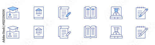 Education icon set in two styles, Duotone and Thin Line style. Editable stroke. book, online education, note, visa, education, conspectus