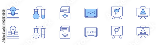 Education icon set in two styles, Duotone and Thin Line style. Editable stroke. blackboard, knowledge, chemical, sex education, folder, presentation