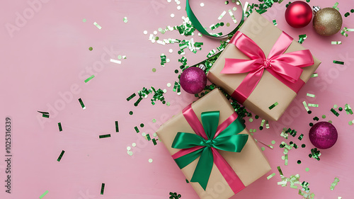 Pink and green gifts with festive confetti on a pink background, perfect for holiday celebration. 