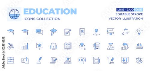 Education icons collection. Line Duotone style, editable stroke. graduation cap, bar chart, literature, audiobook, writing, pencil, mortarboard, abacus, write, education, consultation