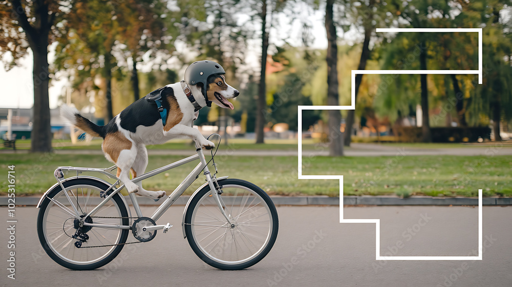 Fototapeta premium Funny dog in black and white riding a silver bicycle in a park. 
