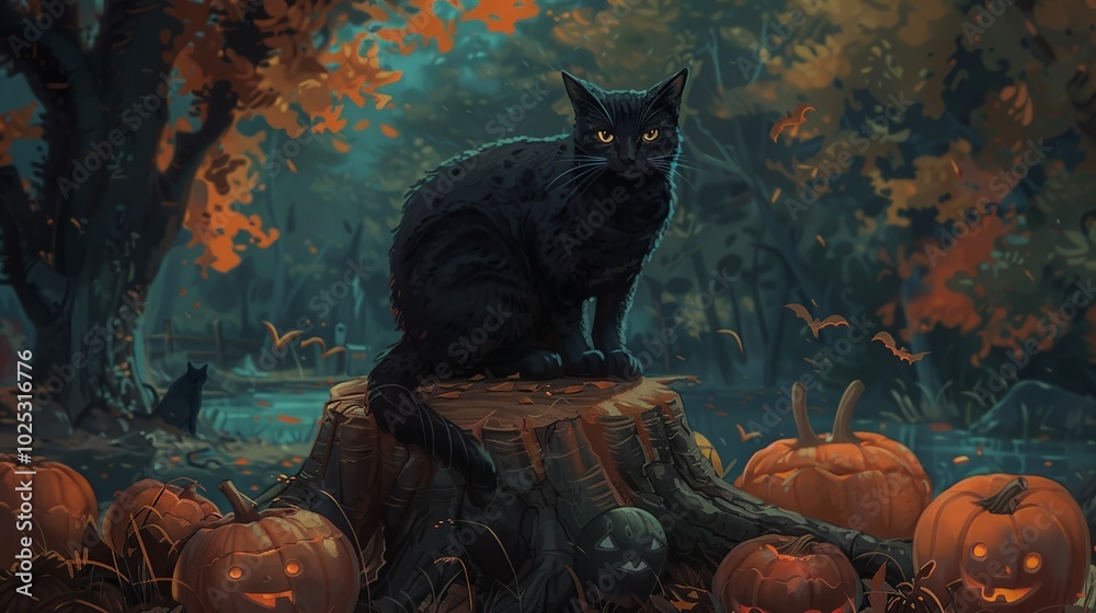 A black cat sitting on top of a Halloween pumpkin, with a tree stump and...