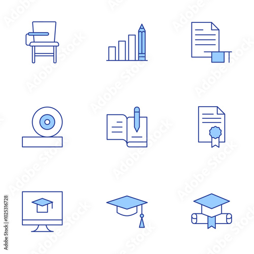 Education icons set. Line Duotone style, editable stroke. mortarboard, online education, graduation cap, bar chart, literature, internship, desk, file, friction