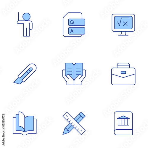 Education icons set. Line Duotone style, editable stroke. utility-knife, open book, lecturer, maths, history book, career, training, question, pencil