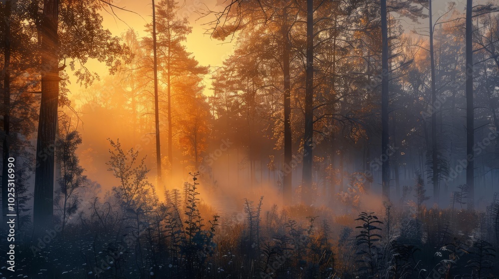 Fototapeta premium Hyper-realistic capture of a misty forest at sunrise, golden light, crisp detail,