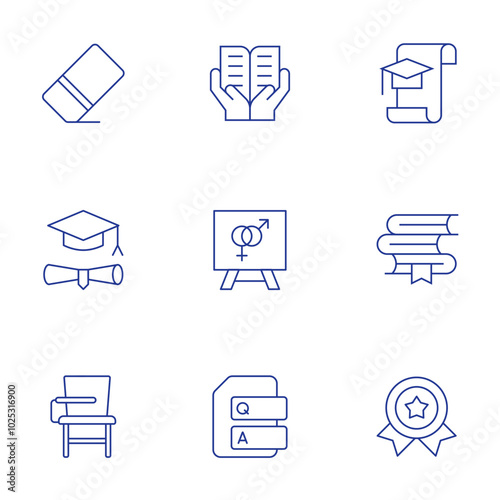 Education icons set. Thin Line style, editable stroke. graduation, books, awards, training, sex education, question, eraser, education, desk