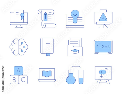 Education icons. Line Duotone style, editable stroke. blackboard, ancient scroll, bible, online learning, knowledge, brain, abc block, online education, chemical, sex education, folder, presentation