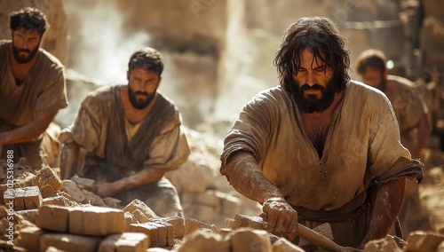 the Israelites working in hard bondage making clay and brick, (biblical context)
