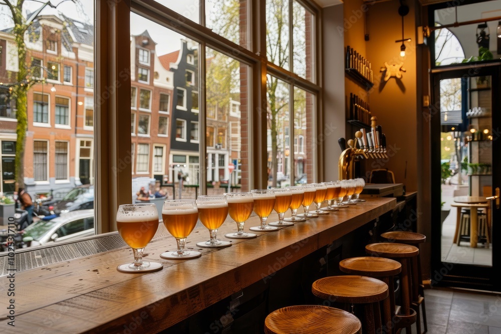 Many glasses full of fresh beer standing in row on wooden bar counter in modern pub Many glasses full of fresh beer standing in row on wooden bar counter in modern pub