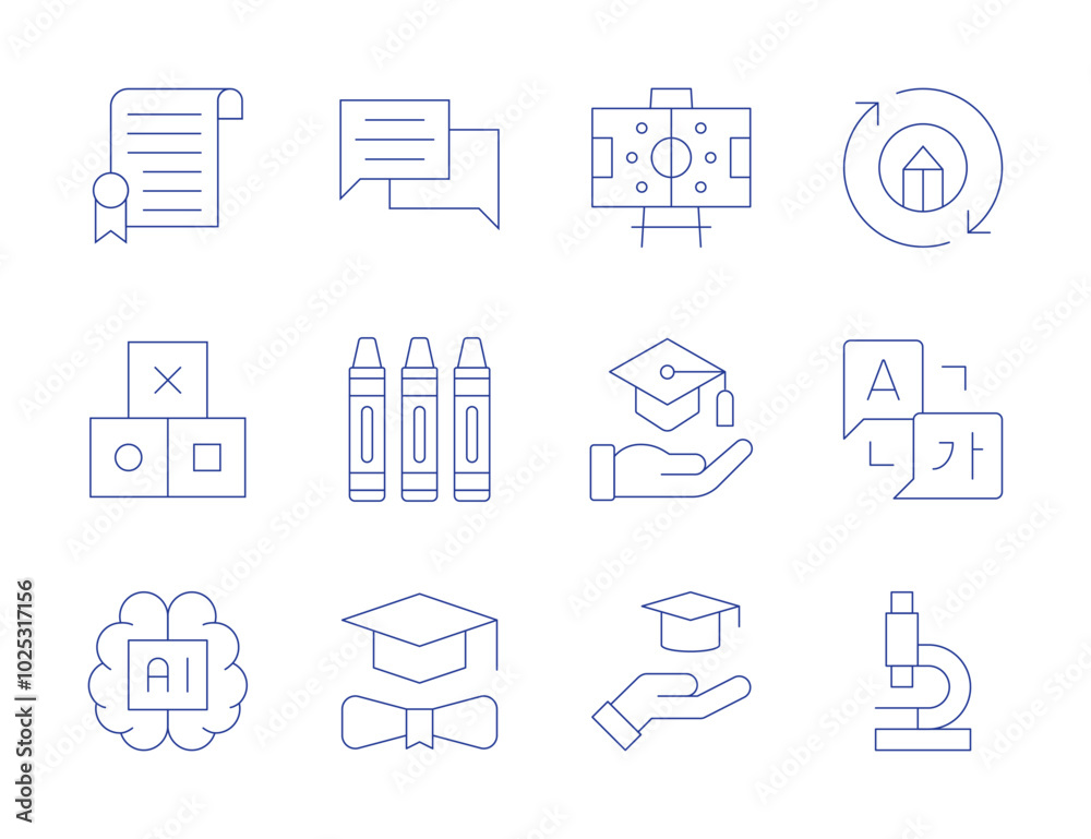 Education icons. Thin Line style, editable stroke. certificate, blocks, artificial intelligence, crayons, online learning, microscope, language, graduation hat, formation, education, consultation Education icons. Thin Line style, editable stroke. certificate, blocks, artificial intelligence, crayons, online learning, microscope, language, graduation hat, formation, education, consultation
