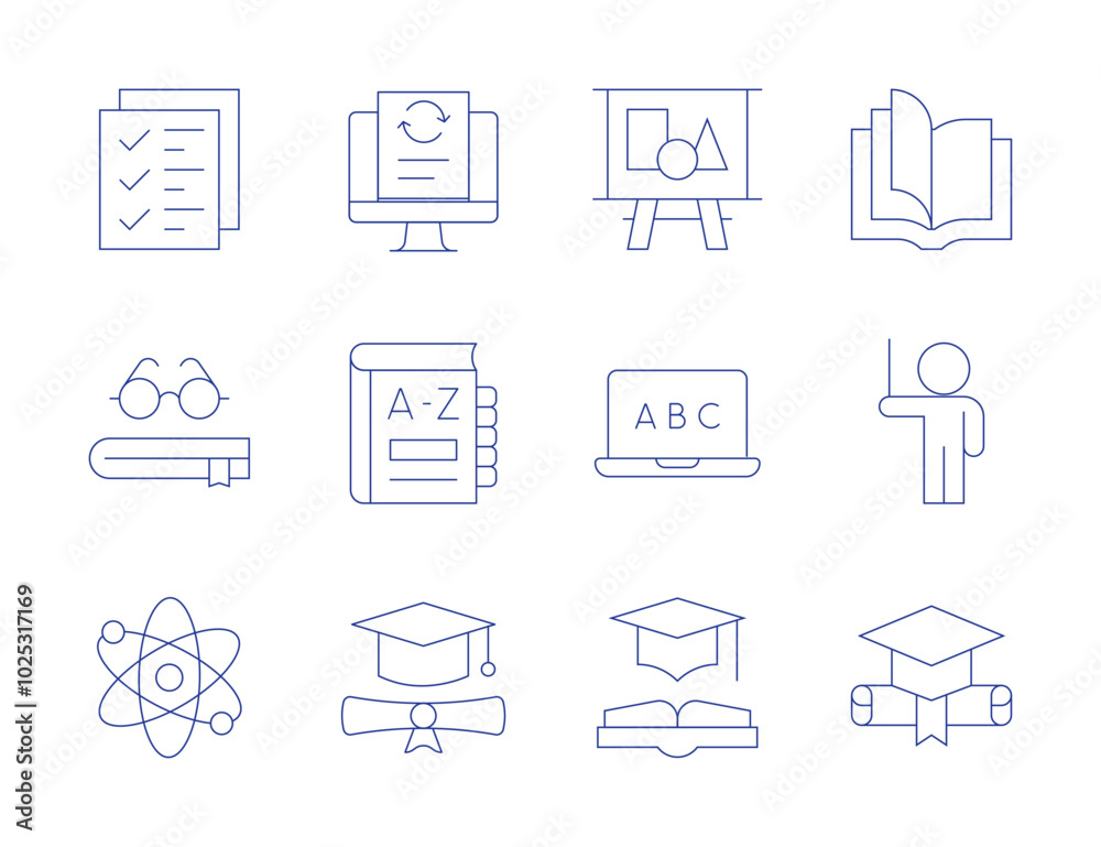 Education icons. Thin Line style, editable stroke. geometric shapes, elearning, education, data processing, checklist, book, atom, dictionary, open book, mortarboard, lecturer, graduate Education icons. Thin Line style, editable stroke. geometric shapes, elearning, education, data processing, checklist, book, atom, dictionary, open book, mortarboard, lecturer, graduate