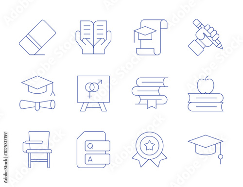 Education icons. Thin Line style, editable stroke. graduation, books, awards, pencil, mortarboard, knowledge, training, sex education, question, eraser, education, desk