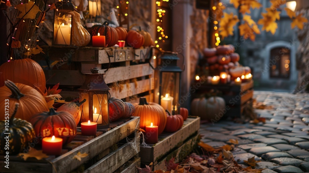 Obraz premium A charming autumn display featuring lanterns, pumpkins, and fall foliage. A...