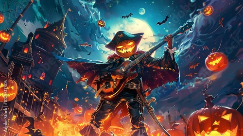 A character illustration of a pumpkin-headed figure playing a guitar, dressed... photo