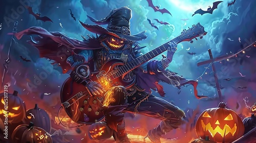 A character illustration of a pumpkin-headed figure playing a guitar, dressed... photo