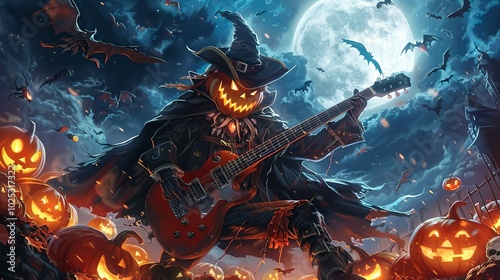 A character illustration of a pumpkin-headed figure playing a guitar, dressed... photo