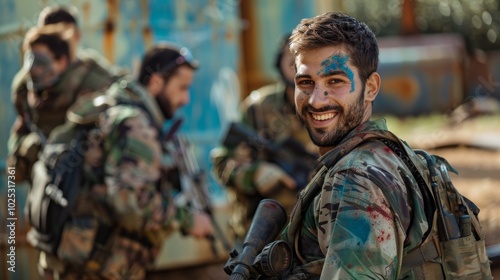 Portrait of a cheerful player ready for paintball battle, showcasing excitement and determination in a simulated military challenge or conflict