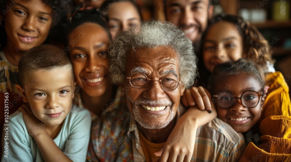 Hyper-realistic portrait of a multi-generational family, various ethnicities, joyful expressions,