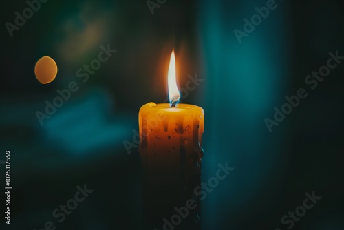 A single candle flame flickering against the darkness, casting an ethereal... photo