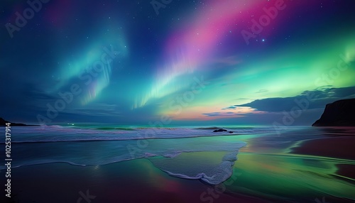 The Aurora Borealis reflecting over a beach during the evening hours. AI Generated image