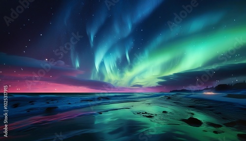 The Aurora Borealis reflecting over a beach during the evening hours. AI Generated image