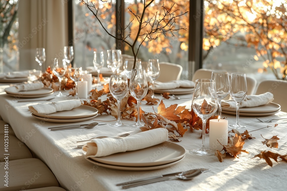 Fototapeta premium Minimalist Thanksgiving Table Setting: Soft Off-White Linen Napkins and Beige Ceramic Plates