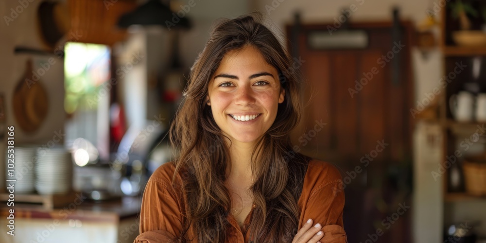 Confident waitress smiles at the entrance of a coffee shop, showcasing a proud and happy atmosphere in a cozy cafe setting Confident waitress smiles at the entrance of a coffee shop, showcasing a proud and happy atmosphere in a cozy cafe setting