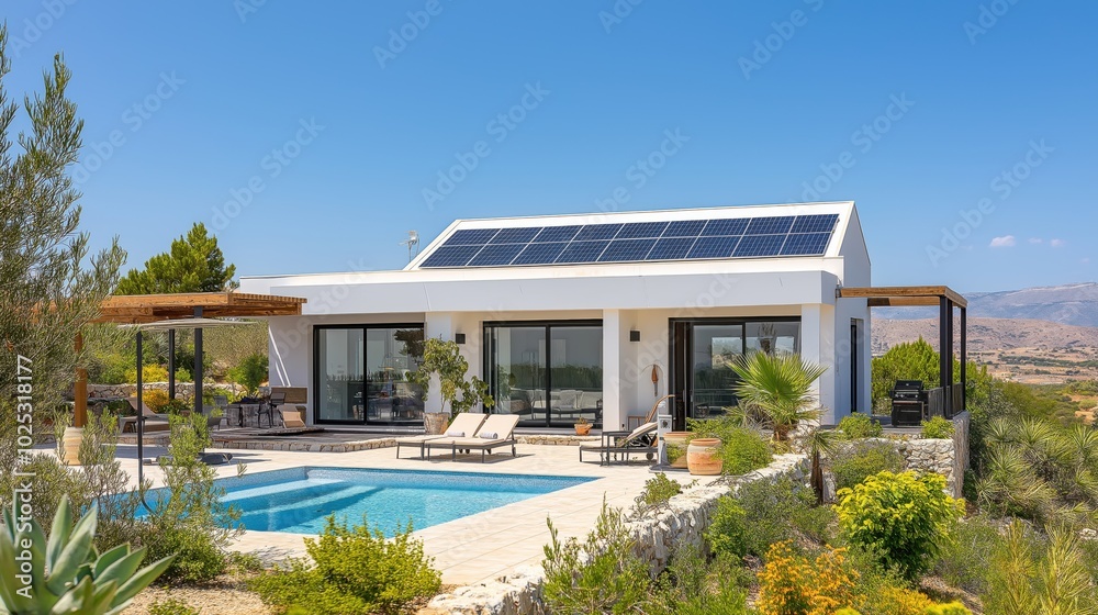 Fototapeta premium Cyprus Villa with Solar Panels on the Roof and Pool Surrounded by Lush Vegetation