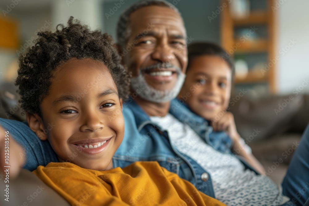 Joyful family gathering on the sofa, featuring a couple, grandparents, and a child, celebrating love and togetherness in a cozy living space filled with smiles and excitement Joyful family gathering on the sofa, featuring a couple, grandparents, and a child, celebrating love and togetherness in a cozy living space filled with smiles and excitement