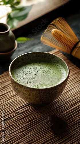 Vertical format, Delicate japonese matcha tea served in a traditional bowl on a bamboo mat with a whisk and dark background in a serene setting photo