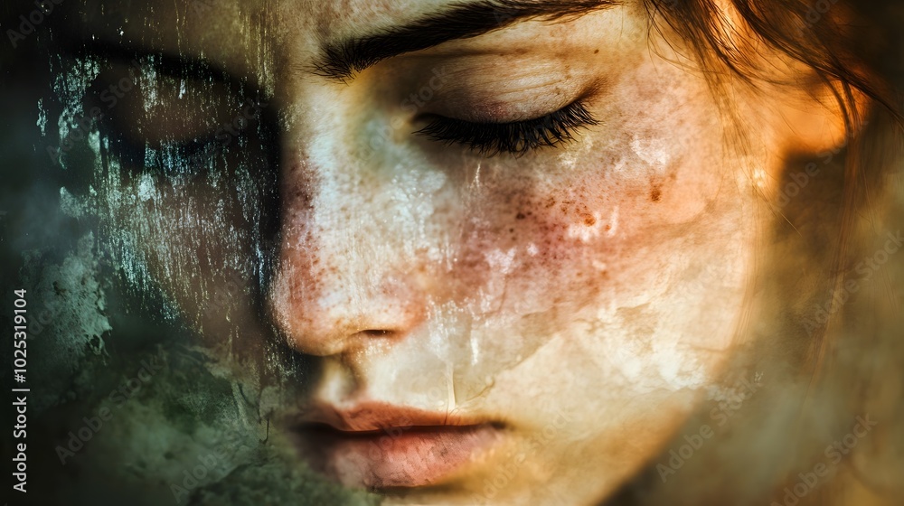 A contemplative portrait of a woman with closed eyes, embodying emotion and tranquility amidst an artistic backdrop. A contemplative portrait of a woman with closed eyes, embodying emotion and tranquility amidst an artistic backdrop.