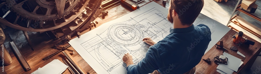 A creative designer works intently on a detailed blueprint in a workshop, showcasing artistry and craftsmanship. A creative designer works intently on a detailed blueprint in a workshop, showcasing artistry and craftsmanship.