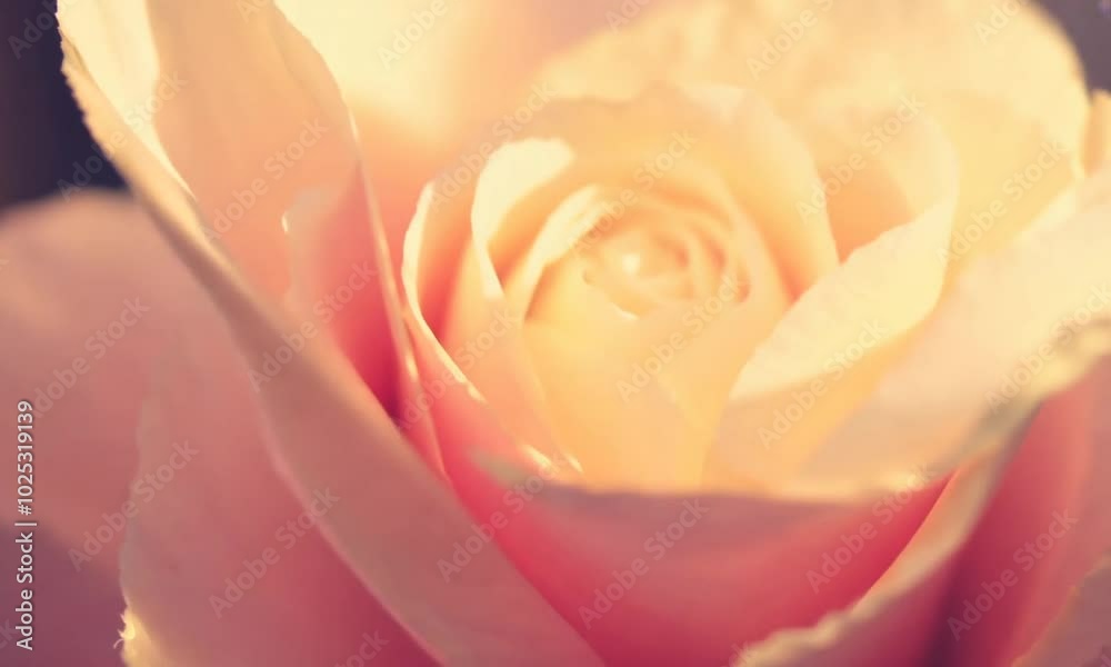 Single pink rose in soft focus with delicate petals and warm bokeh background
