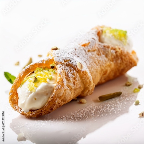 Indulge in the crisp, golden shells of authentic cannoli, filled with creamy ricotta and chocolate chips. Captured on a clean white background, perfect for tempting food photography.