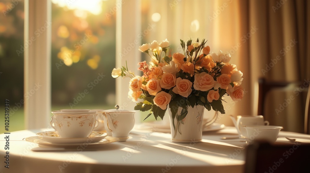 An elegant table setting with fine china and a centerpiece of fresh flowers, showcasing warmth and love