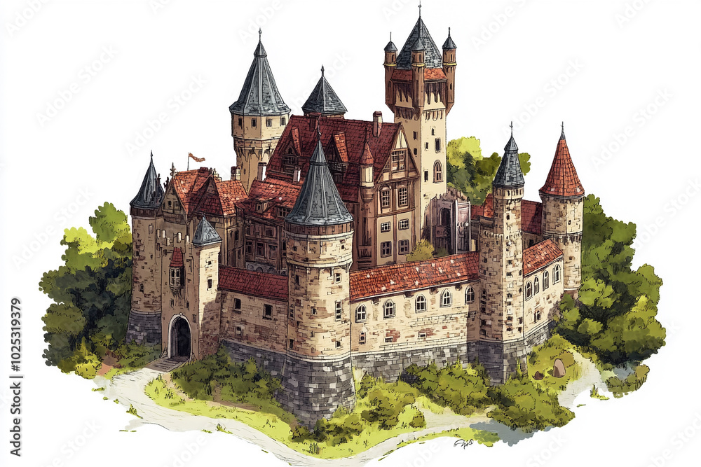 Historic Castle with Red Roofs and Stone Walls on an isolated white background Historic Castle with Red Roofs and Stone Walls on an isolated white background