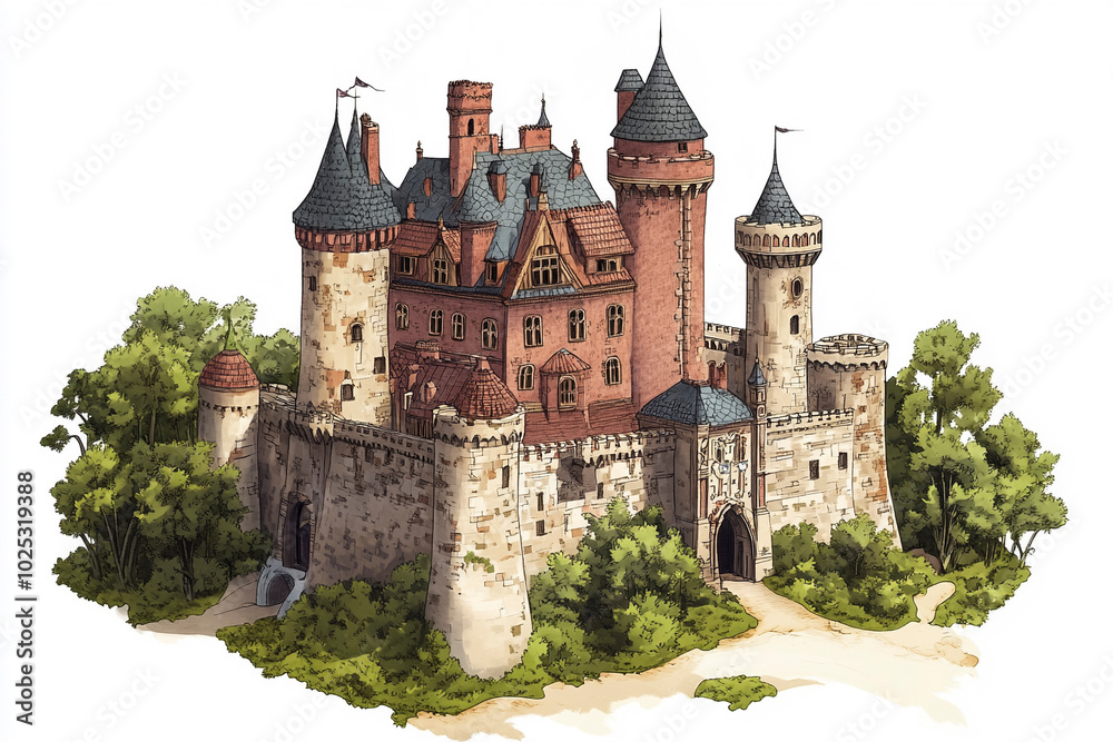 Fototapeta premium Historic Castle with Red Roofs and Stone Walls on an isolated white background