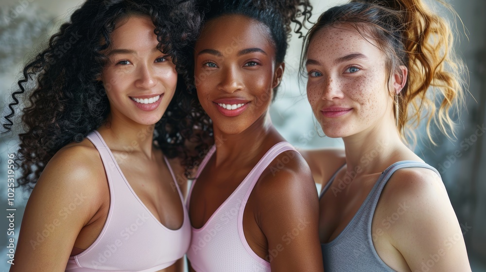 Joyful and energetic friends take a selfie after their workout in a fitness class, showcasing their bond and happiness Joyful and energetic friends take a selfie after their workout in a fitness class, showcasing their bond and happiness