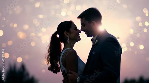 A romantic silhouette of a couple in love, facing each other in a sunset-lit moment. The golden background captures the warm and intimate connection between them. photo