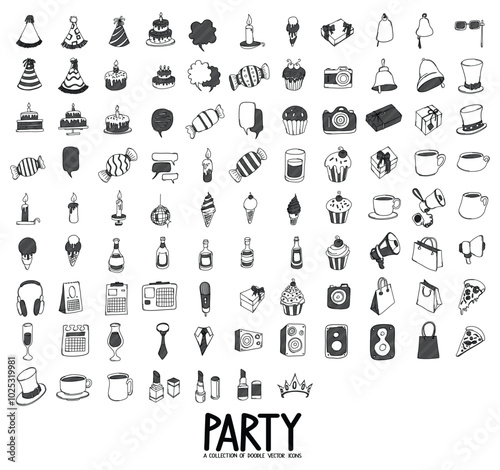 Party Related Doodle vector icon set. Drawing sketch illustration hand drawn line eps10