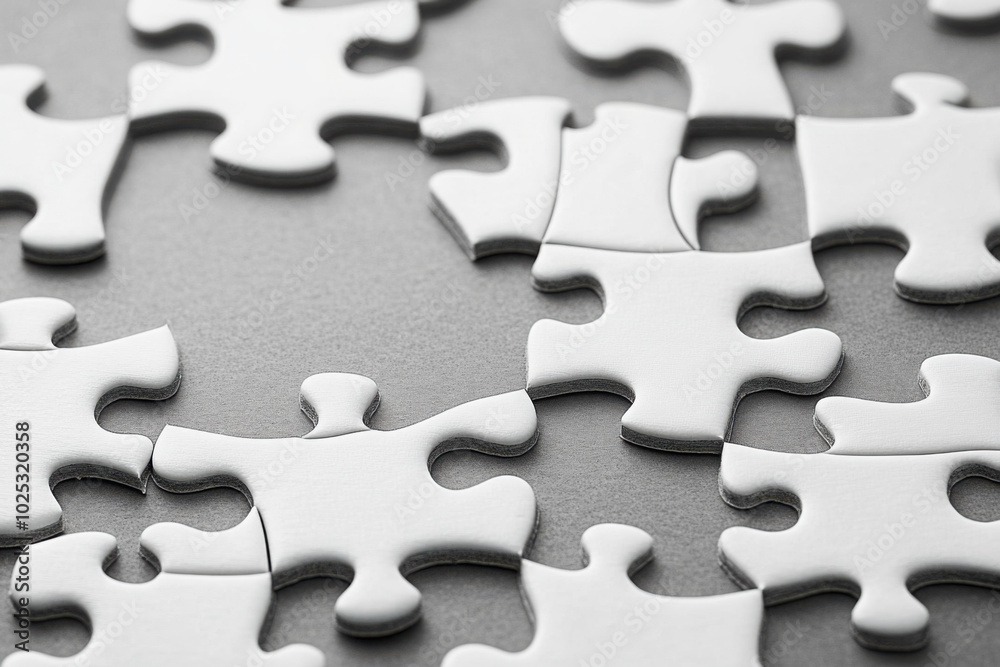 White puzzle pieces on grey background, top view
White puzzle pieces on grey background, top view