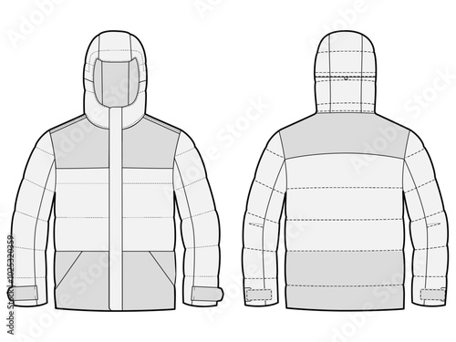 Hooded down winter jacket technical CAD fashion illustration front and back views	