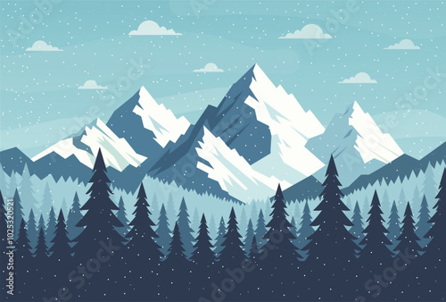 winter landscape illustration with mountains and forest in snow