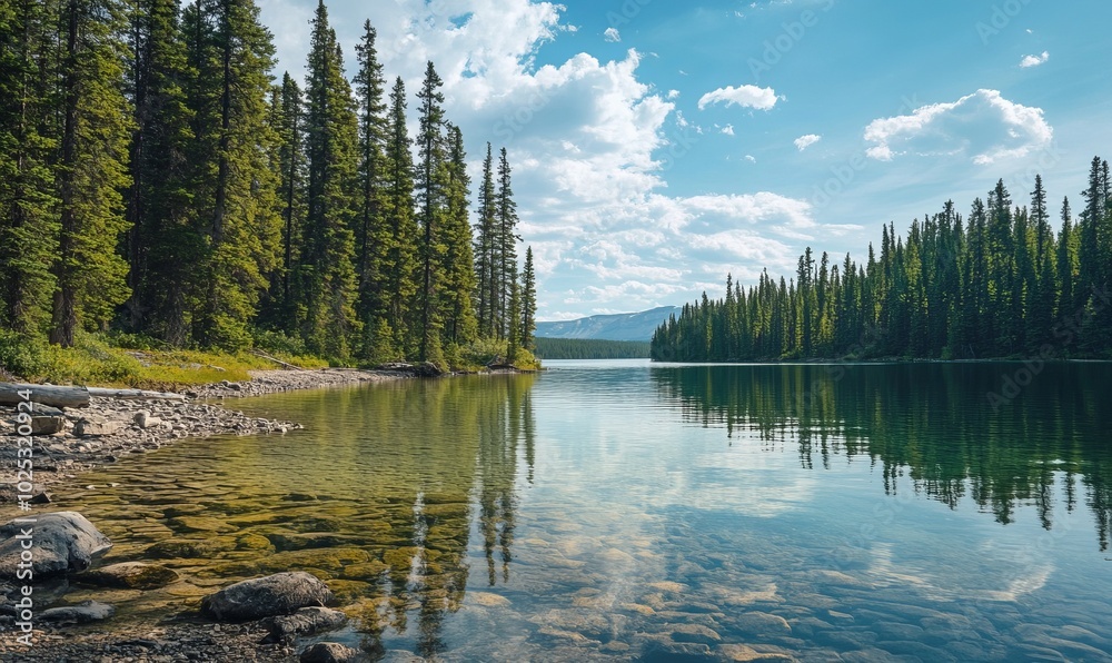 Fototapeta premium Landscape of lake shoreline with trees to shallow water