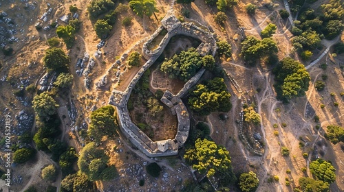 Tack-sharp aerial photo of an ancient castle, surrounding landscape, historical site, photo