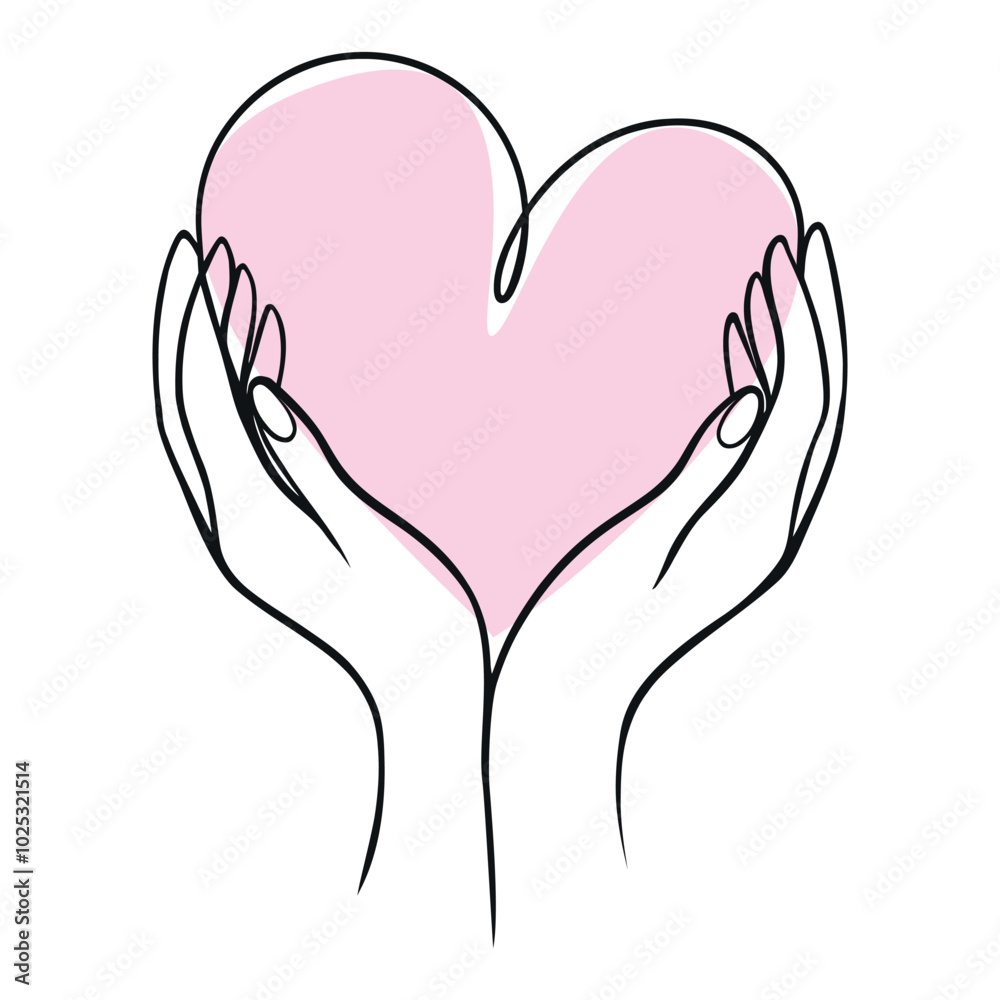 Heart in the hands, one line art style. Love, concept Valentines day, vector illustration Heart in the hands, one line art style. Love, concept Valentines day, vector illustration